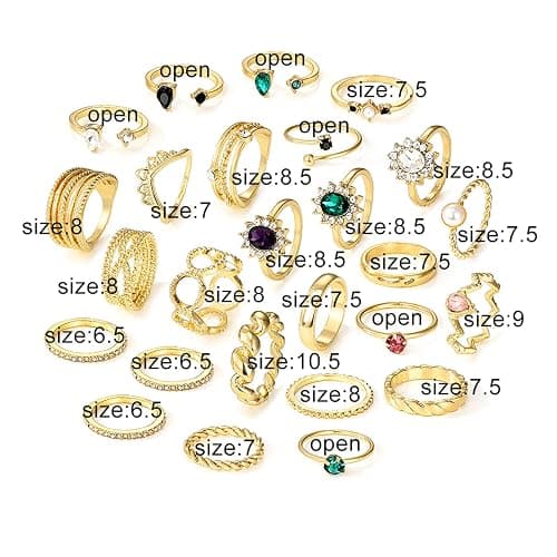 Gold Boho Sparkle Knuckle Rings Set For Women, Vintage Fashion Aesthetic Trendy Joint Snake Ring Pack, Retro Green Black Pink Colorful Rhinestone Star Crystal Leaf Diamond Pearl Jewelry thumbnail 7