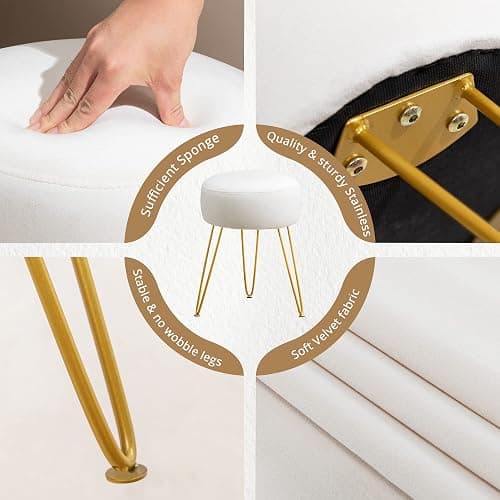 LUE BONA Vanity Stool, White Vanity Stools for Makeup Room, Round Ottoman Foot Stool, Velvet Footrest Vanity Chair for Bathroom Vanity, Bedroom, Living Room, Entryway, Offices thumbnail 5