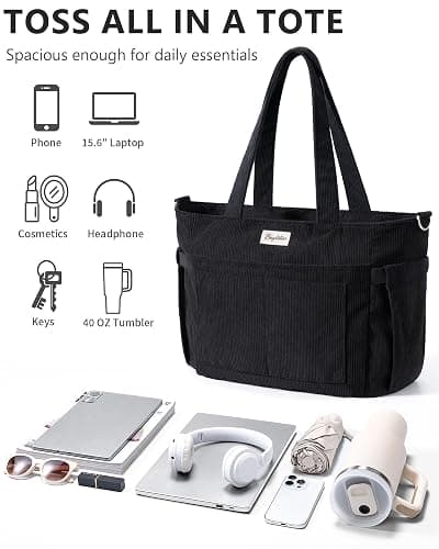 Bagstellar Corduroy Tote Bag for Women, 17 Pockets Laptop Work Tote Purse | Large 15.6” Computer Bag w/ 40oz Cup Holder & Strap, Zipper Teacher Nurse Bible Shoulder Bag for School Travel College Office thumbnail 5