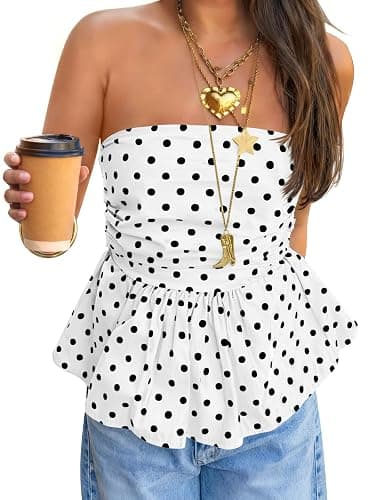 Tankaneo Womens Strapless Polka Dot Tube Tops Summer Cute Backless Peplum Ruffle Hem Bandeau Top Slim Fit Y2k Tank Tops thumbnail 2