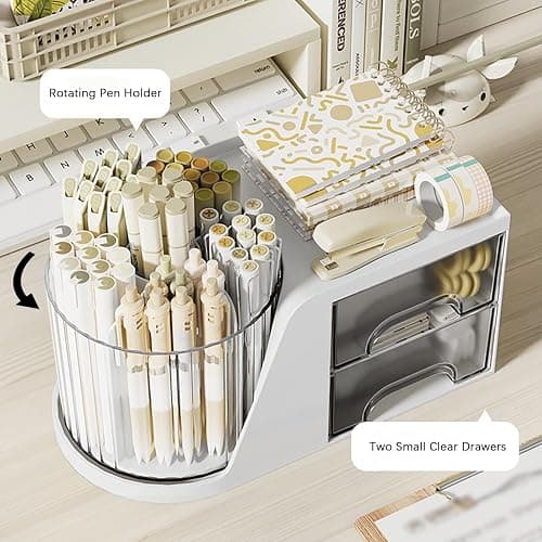SZDPC Desk Organizer with Rotating Pencil Pen Holder and 2 Small Drawers, Desk Caddy for Office Workspace Organization and Storage (White) thumbnail 5
