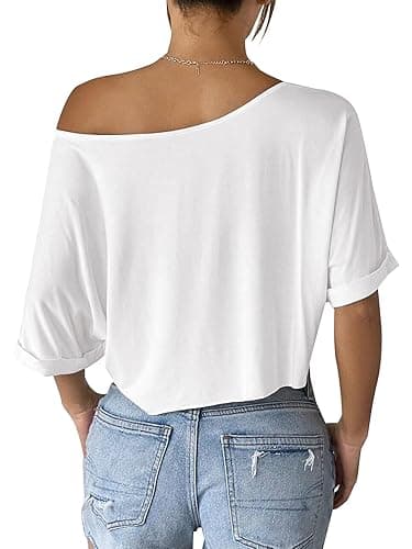 SOFIA'S CHOICE Women's Off Shoulder Crop Tops Loose Boat Neck Short Sleeve T Shirt - X-Small - White Usa thumbnail 2