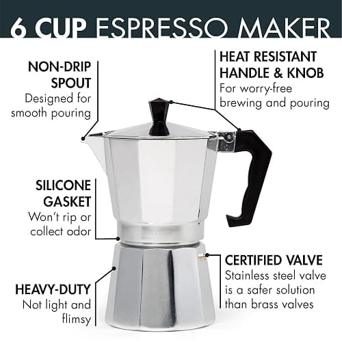Primula Classic Stovetop Espresso and Coffee Maker, Moka Pot for Italian and Cuban Café Brewing, Greca Coffee Maker, Cafeteras, 6 Espresso Cups, Silver thumbnail 4