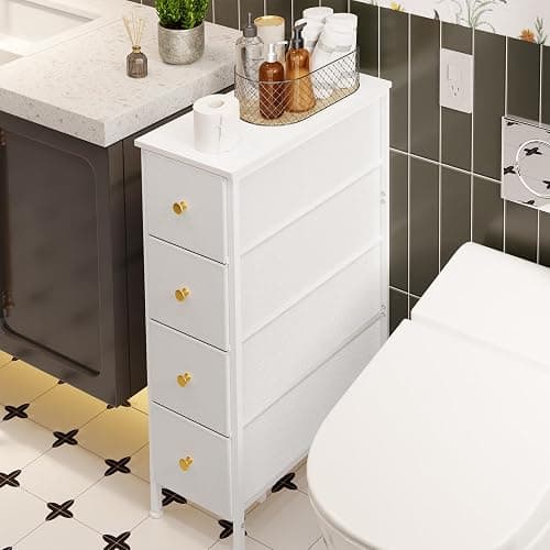 Fixwal Narrow Storage Cabinet, Slim Dresser with 4 Fabric Drawers, White | 9.5in width, sturdy & stable structure, solid steel frame, wooden top, suitable for bedroom, bathroom & laundry room thumbnail 3