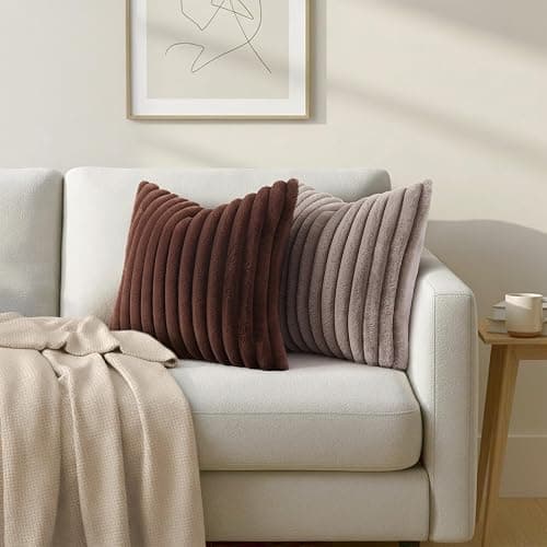 Simmore Faux Fur Couch Throw Pillow Covers 18x18 Set of 2, Decorative Soft Striped Plush Pillow Covers with Velvet Back for Sofa Bed Living Room, Chocolate thumbnail 7