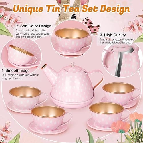 Tea Party Set for Little Girls, Princess Tea Time Toys Including Tin Teapot Set Cups Carrying Case, Toddlers Pretend Role Play Kids Kitchen Toys Birthday Gifts Age 3 4 5 6 thumbnail 5