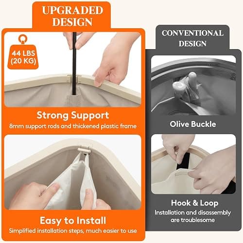Lifewit 185L Large 3 Section Laundry Hamper with Lid, Plastic Laundry Basket with Bamboo Handles and Removable Bags, Tall Foldable Clothes Hamper for Bathroom Bedroom, Beige thumbnail 5