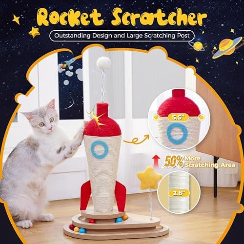 PETEPELA Cat Scratching Post, Rocket Sisal Cat Scratcher, 24.8'' Cute Scratching Post with 2-Layers Wooden Track Cat Toys & Spring Pompom for Indoor Cats Adults thumbnail 3
