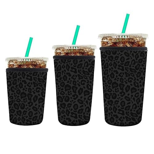 AUEKLLW 3 Pack Reusable Neoprene Insulator Sleeve for Iced Coffee Cups, Funny Coffee Cup Sleeves for 16-32oz Coffee cups, Cute Drink Sleeve for Cold Hot Beverages Cute Black Leopard - Image 1