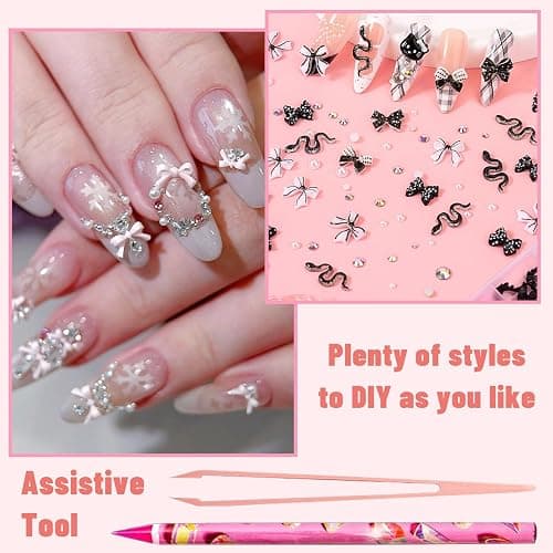 VelvetGlow 3D Nail Charms and Nail Gems, Cute Nail Rhinestones and Charms Y2K for Nails Nesign,Variety Butterfly Bow Moon Star Flower Junk Case Charms Gold Pearls Nail Jewels for Nail Art thumbnail 3