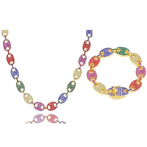  2 PCS Coffee Bean Chain Iced Out Miami Cuban Necklace  - Image 1