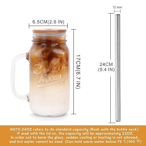 ANOTION Mason Jar with Lid and Straw, 24 oz Regular Mouth Mason Jars with Handle Drinking Glasses Tumbler Reusable Cups Smoothie Water Bottles for Iced Coffee (Classic 2 cups Style) thumbnail 3