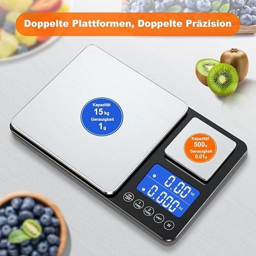 Küchenwaage Digital,Digitale KüChen mit 2 Plattformen 15kg/1g & 500g/0.01g Feinwaage mit 7/6 Einheiten,Summierungsfunktion,Auto-Off, Tara,No Usb,LCD,für KüChe Schmuck Backen Kochen,inkl. Batterien thumbnail 3