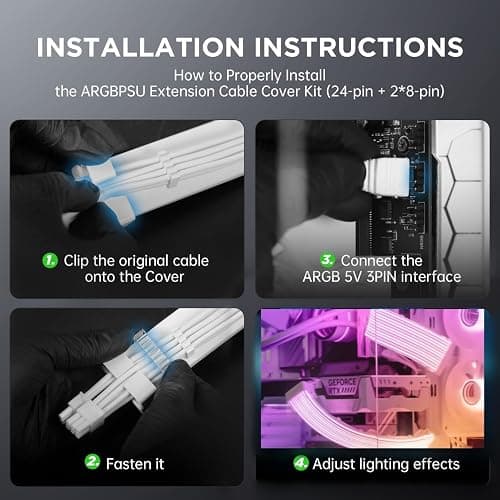 AsiaHorse AURORA-CO ARGB PSU Cable Cover Kit Black, RGB LED Light Strip Sleeve for Motherboard 24Pin and GPU 8Pin/12+4Pin Power Cables, 5V 3Pin ARGB Sync, PC Cable Management Lighting Vest thumbnail 6