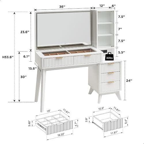 T4TREAM 48" Fluted Makeup Vanity Desk with Large 36" Mirror and Lights, Modern Glass Top Big Vanity Table with 5 Drawers & Adjustable Shelves, Dressing Table Set w/Charging Station for Bedroom, White thumbnail 2