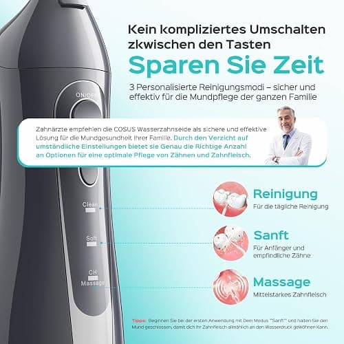 COSLUS Munddusche Kabellos Trragba Elektrische: 300ML WassertankTestsieger 2025 IPX7 Wasserdicht für Oral Health Enthusiasten Tägliche Tiefenreinigung Reinigung auf Reisen 5 Multifunktionale Jet-Tipps thumbnail 3