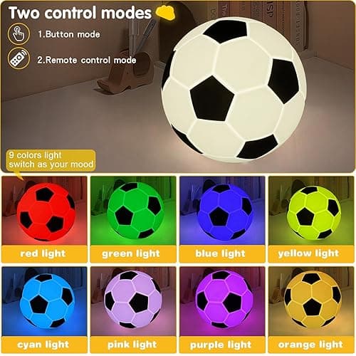 Soccer Silicone Night Light for Kids , 9 Colors with Remote Timer, Dimmable Rechargeable Baby Night Lights for Nursery, Battery Operated Lamp for Bedroom, Girls and Boys, Toddler, Baby Gifts (5.12 IN) thumbnail 7