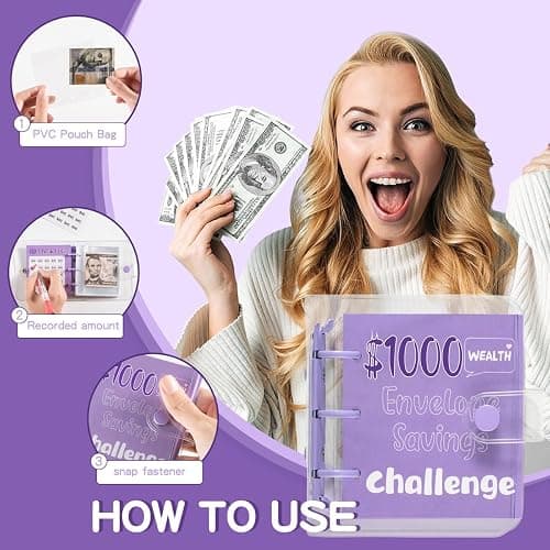 RSORGN Mini Money Saving Challenge Binder, Portable Budget Book with Cash Envelopes to Save $1000 for Home Office School Finance Planning (Purple) thumbnail 7