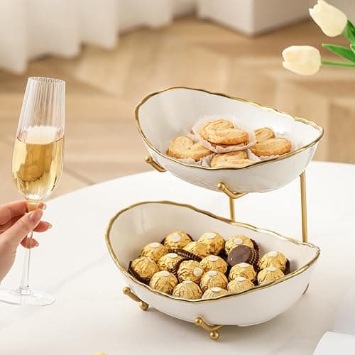 HOMKULA 2 Tier Ceramic Fruit Bowl for Kitchen Counter, Tiered Fruit Basket for Countertop, Modern Multi Layer Fruit Display Stand for Party, Cute & Smal (Gold-rimmed) thumbnail 2