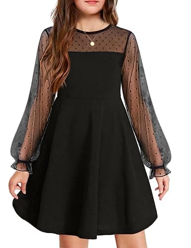 Arshiner Girl's Contrast Mesh Puff Long Sleeve High Waist A Line Short Dress with Pockets for 6-13 Years - Image 1
