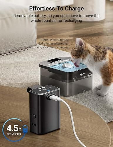 DownyPaws 2.5L Trinkbrunnen für Katze Kabellos, Katzenbrunnen Kabellos mit Bewegungsmelder und Batteriebetrieben, 4000mAh, Leise Wasserpumpe, Tablett aus Edelstahl für Katze, Schwarz mit 6 Filters thumbnail 5