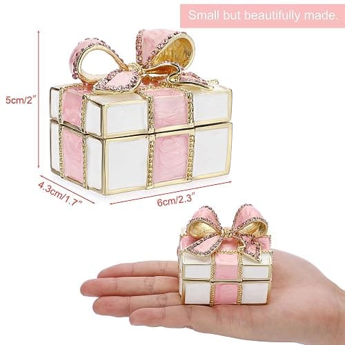 ❤️ELLDOO Mini Trinket Box, Bow-knot Gift Box Style Hinged Jewelry Box Vintage Metal Enameled Decorative Box Ring Earrings Jewelry Organizer Gift Box for Women Girls, Pink thumbnail 3