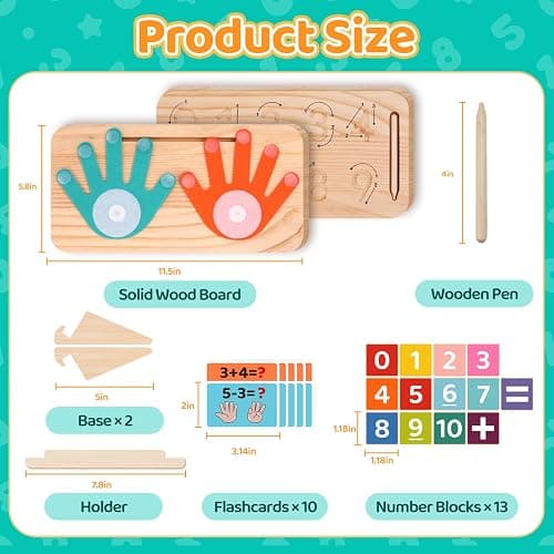 Montessori Learning Toys for Toddlers 2-4, Double-Sided Finger Counting & Number Tracing Board, Colorful Number Blocks, Solid Pine Wood Educational Math Toy for Kids Boys Girls Ages 1 3 5 Year Old - Montessori Math Toy thumbnail 6