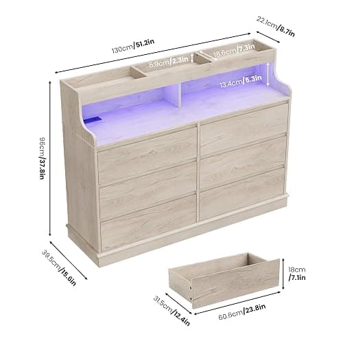 Garvee 6 Drawer Dresser, Desser for Bedroom with LED Lights and Charging Station, Wide Chest of Drawers with Open Space, Modern Large Capacity Storage Cabinet, Living Room, Hallway, Oak thumbnail 2