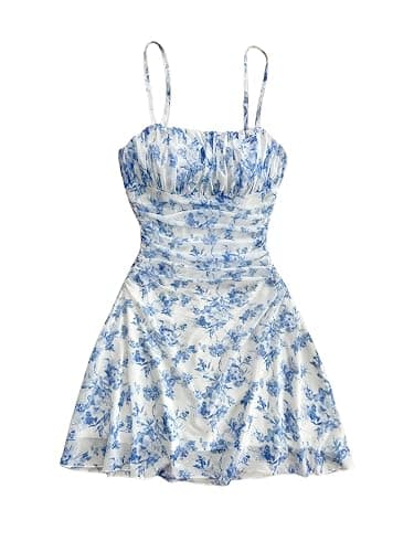 SHENHE Girl's Floral Ruched Spaghetti Strap Sundress Mesh A Line Flowy Boho Mini Dress - Image 1