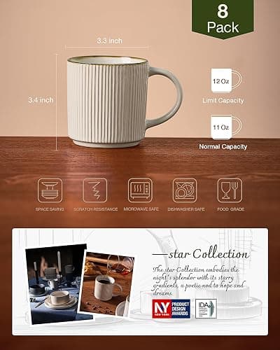 famiware Coffee Mug Set for 8, Star 12 oz Catering Mugs Cup Set with Handle for Coffee, Tea, Cocoa, Milk - Ceramic Stoneware Drinkware Set, White thumbnail 5