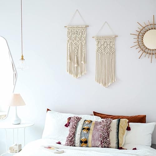 Mkono 2 Pcs Macrame Woven Wall Hanging Boho Chic Geometric Art Decor - Beautiful Bedroom Nursery Apartment Home Decoration, Gift for Girls Adults Birthday Christmas, 28" L x 13" W thumbnail 2