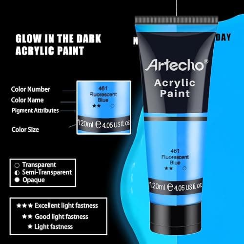 Artecho Fluorescent Blue Acrylic Paint 120ml /4.05oz Tube | Semi Glossy Finish, High Pigment Rich Color Craft Paint for Canvas, Fabric, Non-Toxic thumbnail 3