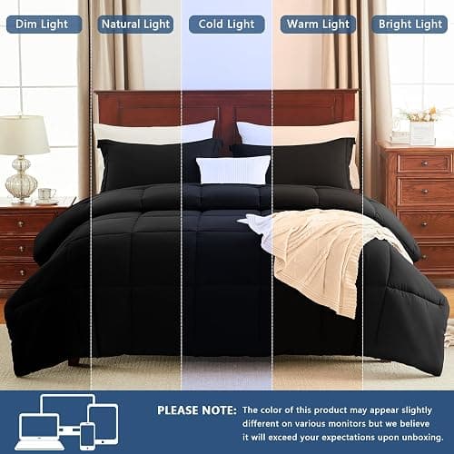 CozyLux Queen Comforter Set, 3-Piece Box-Stitched, Black | 270 GSM Down Alternative Fill, 90 GSM Brushed Microfiber Shell, OEKO-TEX Certified, 88 x 88 in Comforter with 2 Pillow Shams thumbnail 9