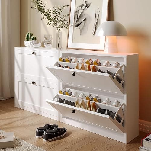 VOWNER Shoe Cabinet with 2 Flip Drawers, Freestanding Shoe Storage Cabinet with Adjustable Shelf & Anti-Tipping Device, Shoe Rack for Entryway, Hallway, Living Room (White) thumbnail 3