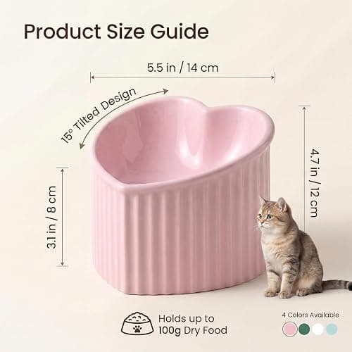 Pink Ceramic Raised Cat Bowls, Tilted Elevated Food or Water Bowls, Stress Free, Backflow Prevention, Dishwasher and Microwave Safe, Lead & Cadmium Free thumbnail 2