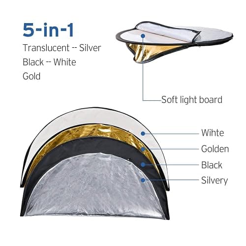 Etekcity 24" (60cm) 5-in-1 Photography Reflector, Multi-Disc Light Reflectors for Photography, Collapsible with Bag - Translucent, Silver, Gold, White and Black - 24 Inch thumbnail 2