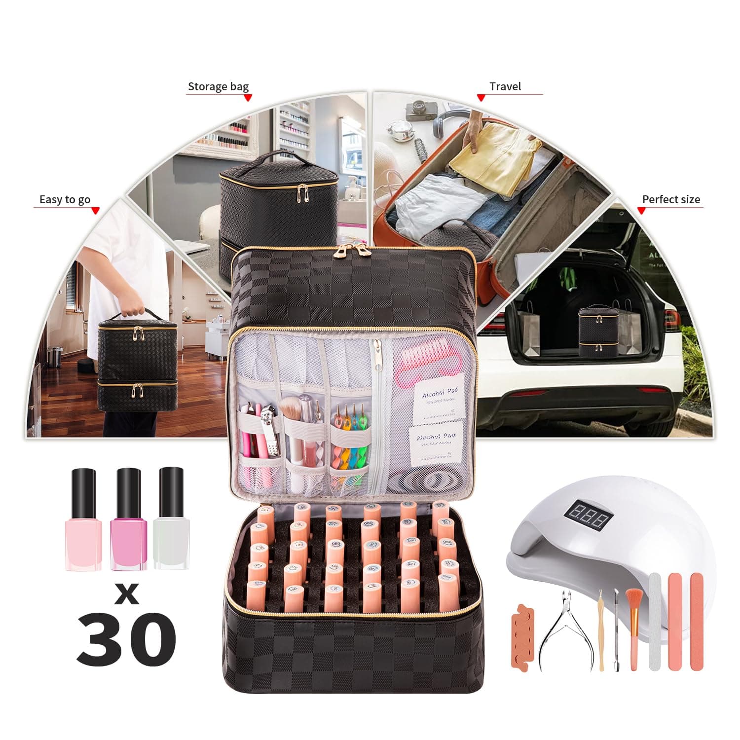 Portable Nail Polish Organizer Bag - Holds 30 Bottles and 1 UV Nail Lamp, Double-Layers Nail Case for Gel Nail Polish Kit, Nail Supplies Storage thumbnail 2