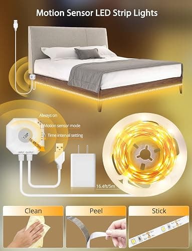 MATICOD Motion Sensor Lights Indoor Under Bed Lights, 3500K Motion Sensor Led Strip Lights for Bedroom, Warm White Under Cabinet Lights for Kitchen, Closet, Stair Night Light, 16.4ft NO APP thumbnail 5
