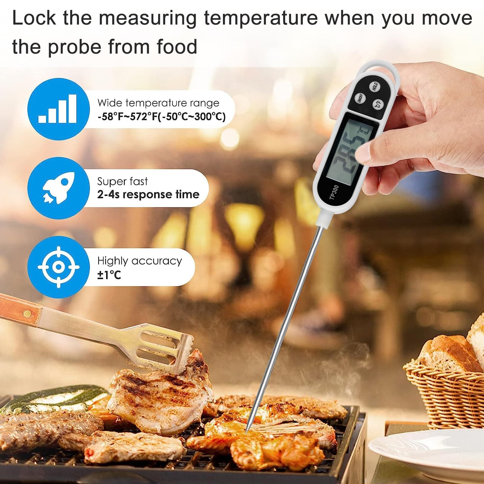 Nutabevr Digital Kitchen Thermometer (Battery Included), Kitchen Thermometer LCD with Long Probe, Direct Read, Home Food Thermometer, for Baking, Barbecue, Baby Milk, Water (-50°C to +300°C) thumbnail 4