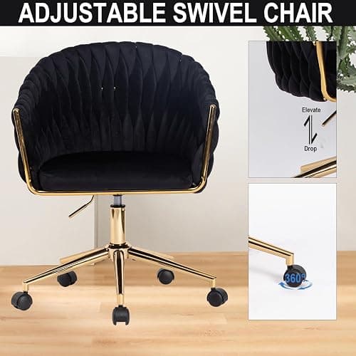 Comermax Velvet Office Chair with Hand Woven, Black Vanity Chairs with Golden Wheels, 360° Swivel Home Office Desk Chair Computer Chairs, Accent Chair Makeup Chair for Bedroom, Living Room(Black) thumbnail 6