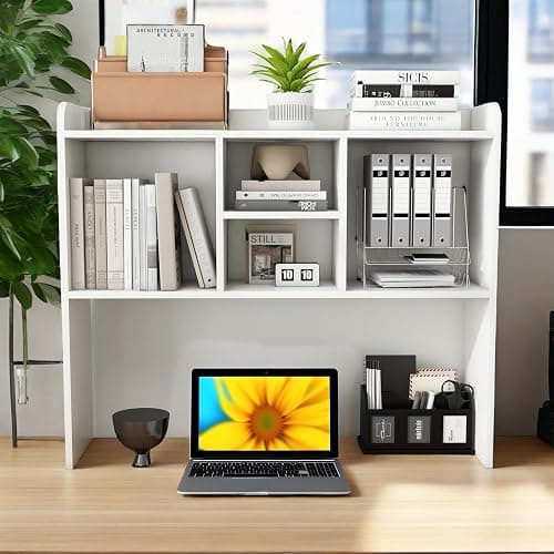 COBANA Desktop Bookshelf, Countertop Storage Hutch with 5 Shelves for Computer Desk, Desk Shelf for Top of Desk Organizer for Office Home Dorm, White - White thumbnail 8