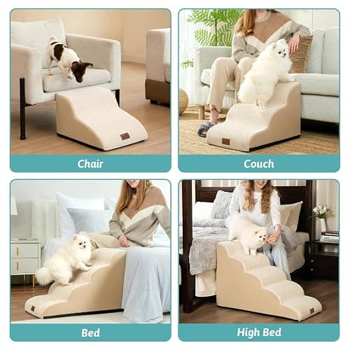 COZY KISS Dog Stairs for Small Dogs 15.7" H, Curved Dog Step for Puppy, Older Cat, Medium Pet Ramp for Sofa, Couch or Chair, Ladder with High Density Foam, 3 Step, 15.7x22.4x15.7 inch, Beige thumbnail 6