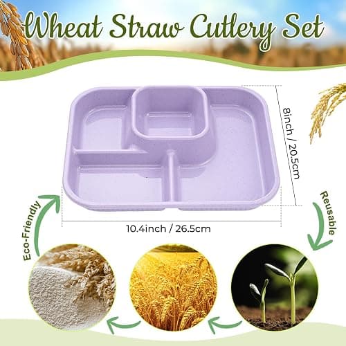 Pinkunn 8 Pcs 10'' Divided Plates Unbreakable Wheat Straw Dinnerware Lunch Trays Lightweight Reusable Plastic Compartment Microwave Dishwasher Safe Separator Plates (White, Blue, Purple, Green) thumbnail 3