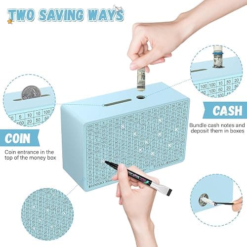 Wooden Money Saving Box, Cash Vault Savings Box for $10000 $5000 $3000 $1000 $800 $500 Target Money Saving Challenge, Reusable Money Box with Counter, Dry Erase Pen/Savings Trackers/Rubber Band-Blue thumbnail 7