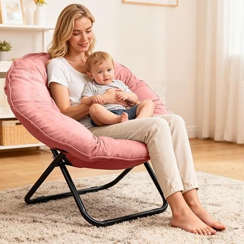 GREZJXC Saucer Chair for Adults,Kids, Round Chair Folding Chiar for Bedroom, Dorm & Gaming, Foldable Comfy Accent Seat for Small Spaces, Thick Padded Black Meatal Frame (Pink) - Image 1