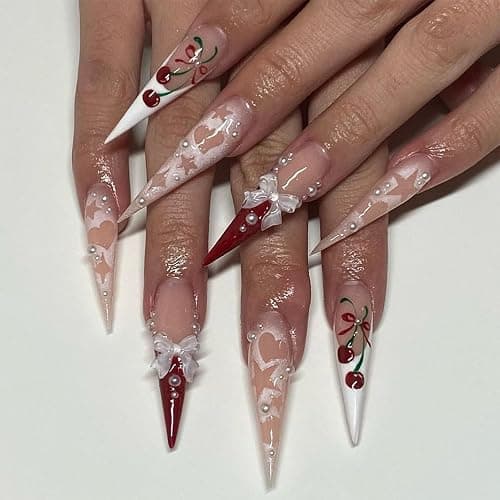 IMRAIN Long Press on Nails Stiletto Red French Tips Fake Nails Full Cover Glossy Acrylic Nails Press ons Cute Cherry & Bow Designs Glue Stick on False Nails for Women 24Pcs thumbnail 2