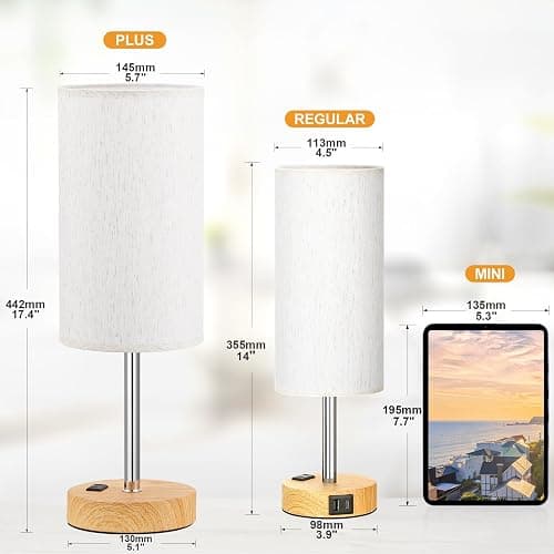 Fenmzee Touch Table Lamp - Cream, 3-Way Dimmable, USB A + C Charging, AC Outlet, 17.4inch Medium, Wood Grain Base thumbnail 2
