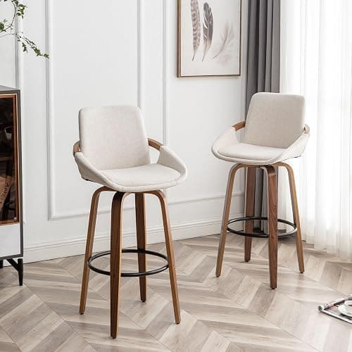 LUNLING 29.5" Bar Height Barstools Set of 2,Mid Century Modern Retro Bar Chairs Charcoal Beige Linen Look Fabric Upholstered and Walnut Wood Frame for Home Bar Furniture(Beige) thumbnail 8
