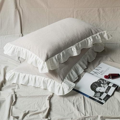 SUSYBAO Striped Ruffle Duvet Cover Queen 100% Washed Cotton 3 Pieces Set 1 Beige Ruffled Duvet Cover with Zipper Ties 2 Pillow Shams Farmhouse Soft White Lace Bedding Set Breathable thumbnail 6