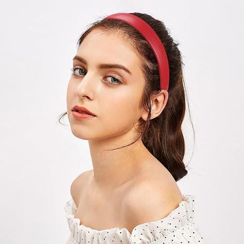 WantGor 1 Inch PU Leather Headband, Wide Padded Hairband Fashion Hair Bands Cute Womens Headbands Holiday DIY Hair Accessories (Red) thumbnail 5